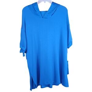 NWT Women’s XL Blue Hooded Tunic Top, Short Sleeve Cowl Neck Pullover